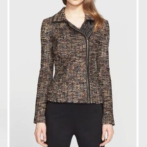 St. John Leather Trim Ribbon Wool Blend Knit Jacket Moto Gold Side Zip Size 2